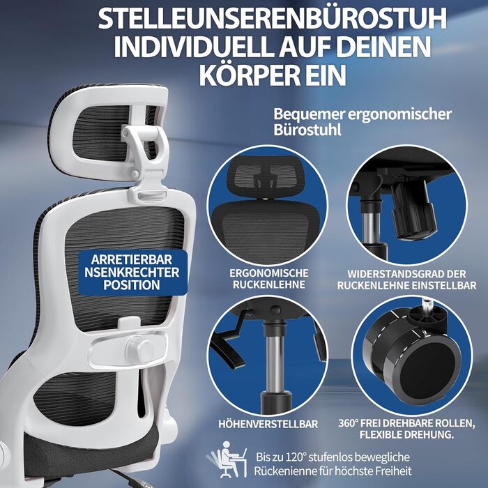 Офісне крісло TRALT Ergonomiczne - ігрове крісло з регульованою підголівником та підтримкою попереку, для дому та офісу, комп'ютерне крісло для великих людей, сітчасте крісло, 150 кг (білий, чорний)