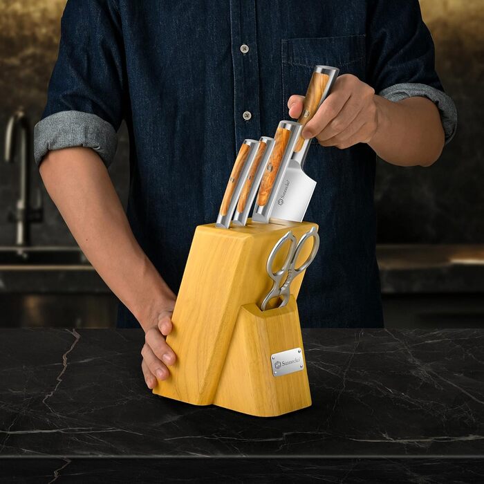 Набір ножів Sunnecko 6 шт. з підставкою – кухонний набір ножів, кухонні ножі з ергономічними ручками, гострими лезами, підставка з нержавіючої сталі та акації