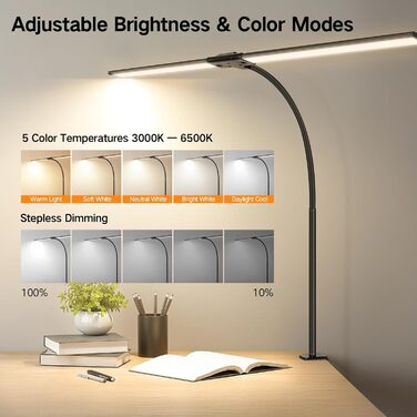 OUTON LED лампа для столу з двома головками, 85.5 см, 1600 люмен, сенсорне керування, регулювання яскравості, 5 температур кольору, таймер, пам'ять, захист очей, кріпиться за допомогою затискача, для офісу та дому, чорний
