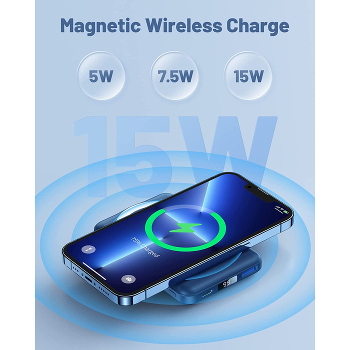 Магнітний, 22.5W PD, для iPhone 15/14/13/12, USB-C, LED (Білий/Синій), 10000mAh