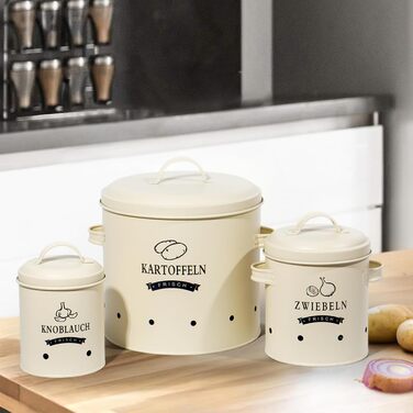 Набір контейнерів для картоплі Theo&Cleo, ретро дизайн, металевий контейнер для зберігання картоплі, кухове зберігання, бежевий колір