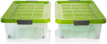 Ящик для зберігання під ліжко BigDean 2 шт. з кришкою 25 л салатовий зелений 60x40x17,5 см - з колесами затискний замок вкладається - ящик для зберігання Eurobox Ящик для зберігання ящик для ліжка - Зроблено в Німеччині