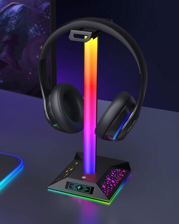 Кронштейн для гарнітури HCMAN RGB з 2 USB, світлодіодна підставка для навушників для ПК-геймера, чорний