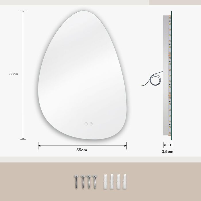 Дзеркало для ванної кімнати Dripex LED з підсвічуванням, сенсорне керування, регулювання яскравості, 3 кольори світла, без запотівання, 85x52 см