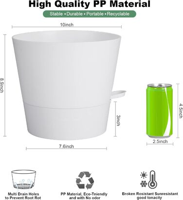 Набір з 2 горщиків для квітів 25.4 см, пластик, з системою поливу, для дому, балкону, саду, сукулентів, кактусів (зелений, білий)