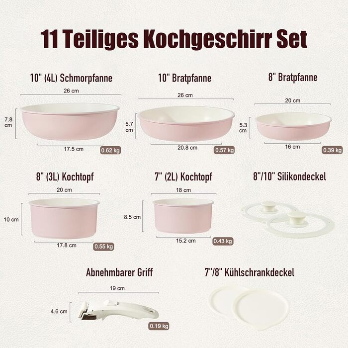 Набір кухонного посуду 11 предметів з антипригарним покриттям, знімні ручки, рожевий. Підходить для індукційних, газових плит, духовки та посудомийної машини. Без PFAS.