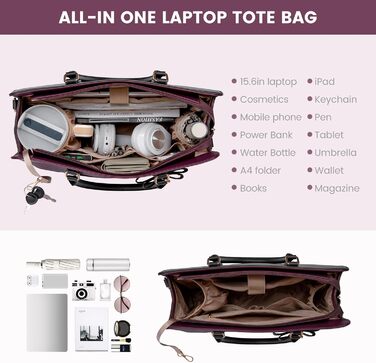 Сумка LOVEVOOK для жінок, велика, 15.6 дюймів, для ноутбука, робоча, елегантна, однотонна, шкіряна, для школи, офісу, ділових поїздок, shopper, tote bag (15.6 дюймів, фіолетово-чорна)