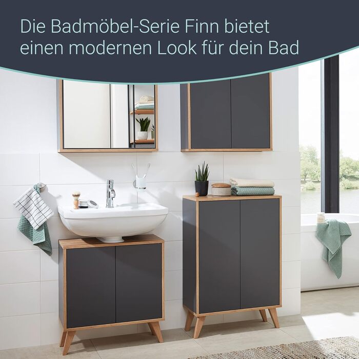 Тумба під умивальник FACKELMANN Finn, коричнева, 60 см, ретро-стиль, push-to-open, Made in Germany