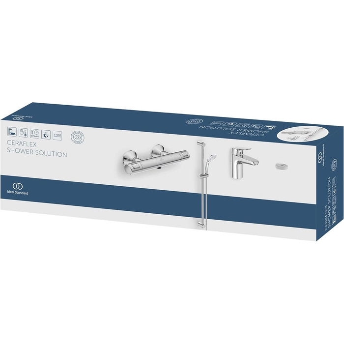 Змішувач для раковини Ideal Standard Ceraflex настінний з термостатом, витяжка 160 мм, регульовані з'єднання, водозберігаюча картридж CLICK, хром (з душовою стійкою, штанга 900 мм, хром)