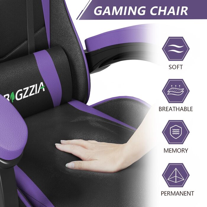Ігровий крісло Bigzzia Ergonomічне, для підлітків та дорослих, з підголовником та підлокітниками (фіолетовий)