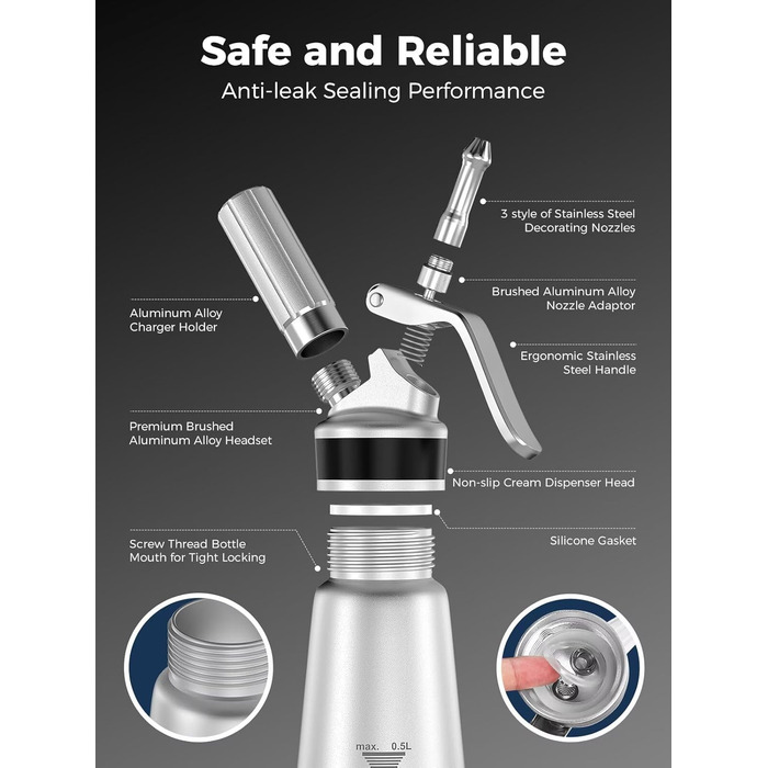 Пристрій для збивання вершків, алюмінієвий сифон для вершків 500мл, з набором насадок та аксесуарів