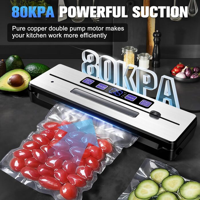Вакууматор для продуктів LanBlu 7 в 1 з подвійним гарячим швом, вакуумний пакувальник для сухих та вологих продуктів, 80кПа