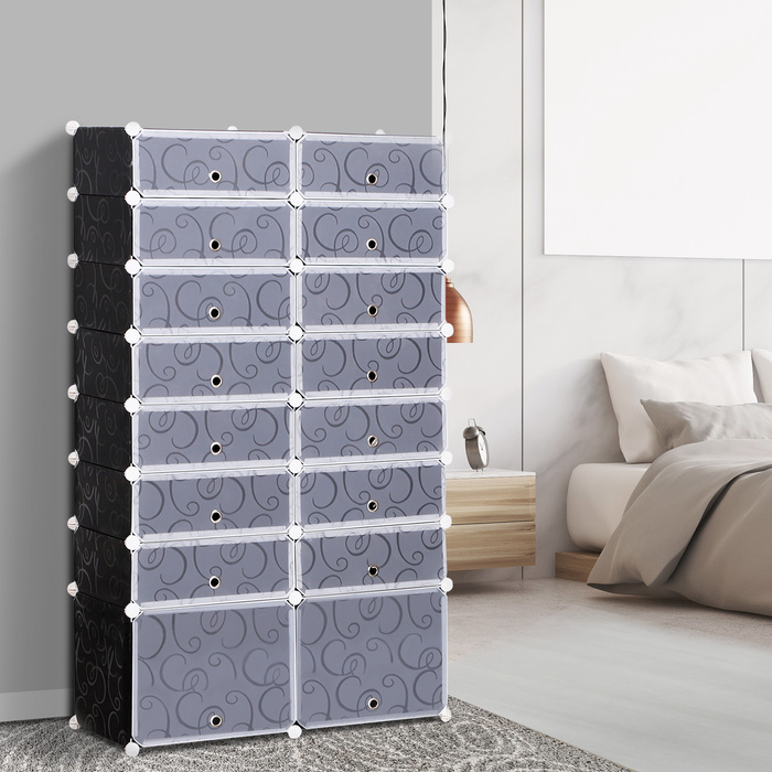 HOMCOM DIY Шафа для взуття Модульна полиця для взуття Вішалка для одягу, 16 відділень, PP, чорний + білий, 95 x 37 x 160 см