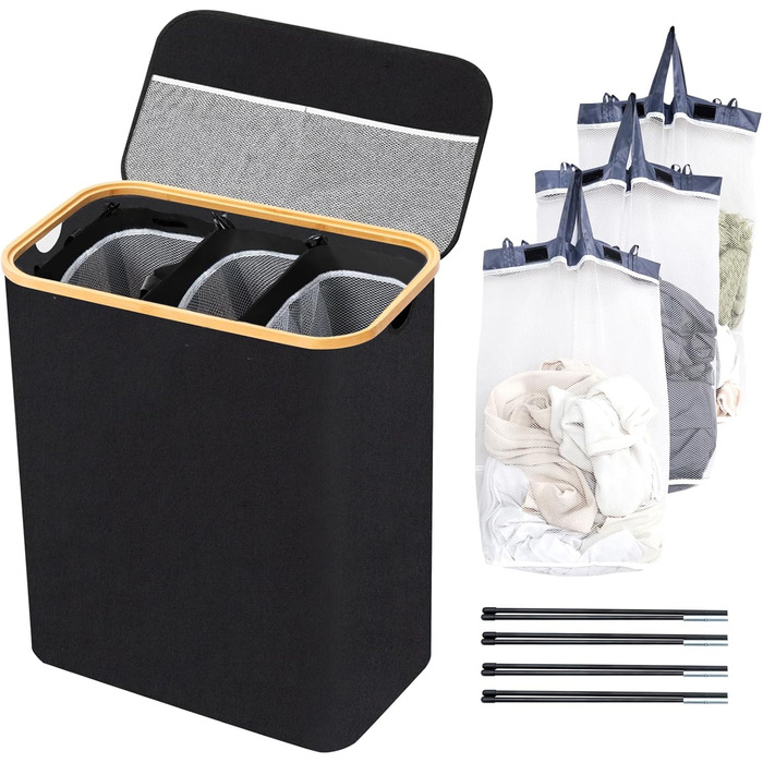 Кошик для білизни BRIAN & DANY з 3 відділеннями та кришкою, 145л, чорний