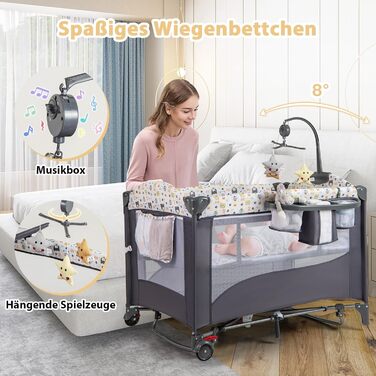 Дитяче ліжко-манеж DREAMADE 5 в 1 з матрацом, з колесами та пеленальним столиком, з музичною іграшкою, 110x76 см, для новонароджених, з сумкою для перенесення (зелений, кольоровий)