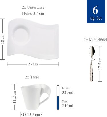 Капучино-сервіз Villeroy & Boch NewWave Premium, 8 предметів на 4 персони, білий, хвильовий дизайн, для посудомийної машини та мікрохвильової печі