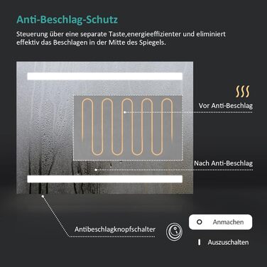 Дзеркало для ванної кімнати EMKE з підсвічуванням 60x80 см, 2 кольори світла, антизапарник, вимикач-кришка, IP44, енергозберігаюче LED, 60L x 80B см