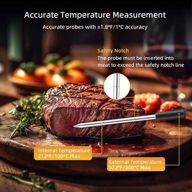 Бездротовий термометр Mcbazel Smart Meat Thermometer з радіусом дії 45 м, Таймер/сигнал тривоги, підтримує віддалений моніторинг/додаток, термометр для варіння/гриля/запікання