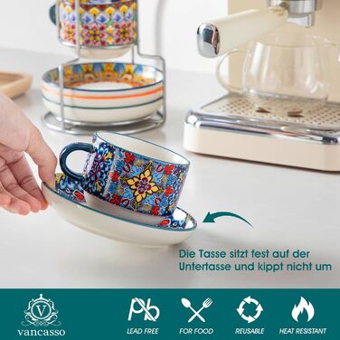 Набір чашок для еспресо Vancasso 4 шт., 150 мл SIMI, з підставками та стійкою, керамічні, для капучино, еспресо, лате (270 мл)