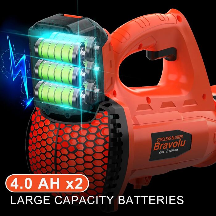 Акумуляторний повітродувач Bravolu 21V, 210 км/год, 4.0 Ah, 6 швидкостей (4000mAh x 2) з акумулятором та зарядним пристроєм