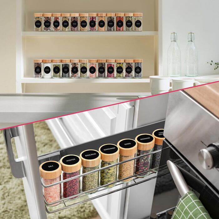 Набір баночок для спецій, 24 шт по 100 мл з етикетками та дерев'яними кришками | Набір баночок для спецій, баночки для приправ, зберігання спецій