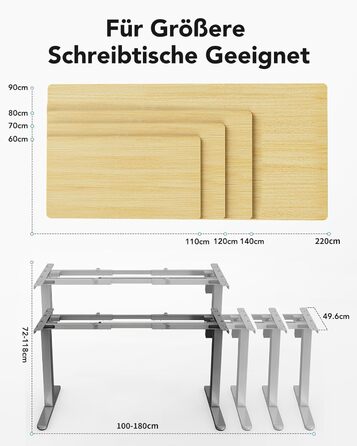 Регульований стіл-підставка HUANUO з безщітковим мотором, вантажопідйомність 100 кг, для стільниць 110x200 см (сірий)