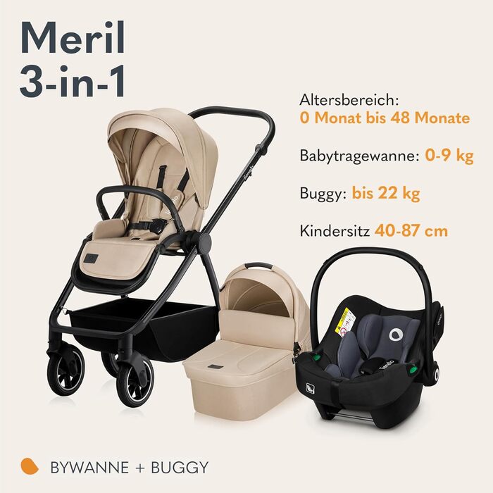 Дитяча коляска Lionelo Meril 3-в-1, 0-48 місяців, до 22 кг, люлька до 9 кг, автокрісло до 13 кг, поворотні колеса, амортизація, великий капюшон UPF50+, бежевий