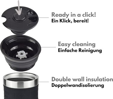 Термокружка Milu 450 мл, 370 мл з нержавіючої сталі, для кави 'to go', з подвійними стінками, не протікає, чорна