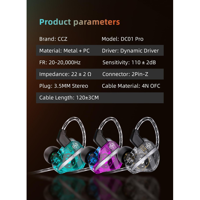 Внутрішньоканальний монітор keephifi CCZ DC01 Pro, 1DD Bass HiFi IEM, V-подібна форма, 2-контактний кабель Z-OFC, чорний