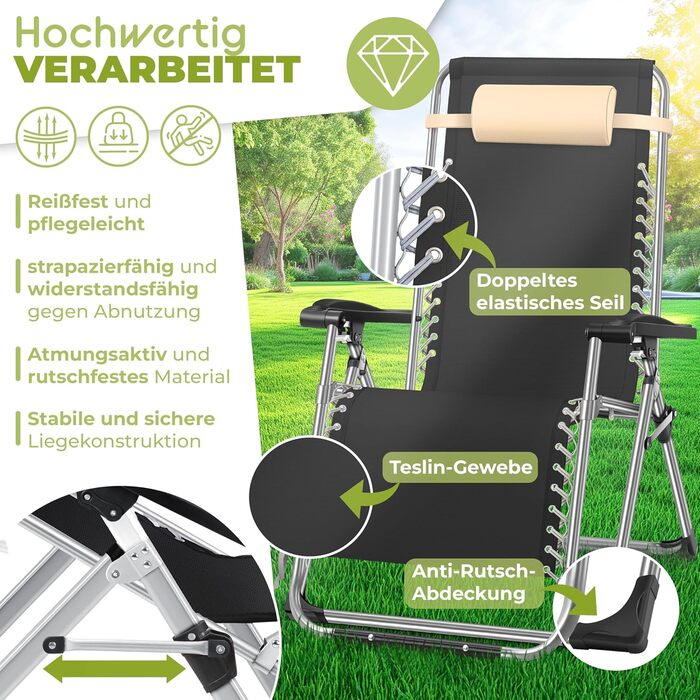 Розкішна лежанка KESSER® для саду: широка, складана, витримує 200 кг, з регульованою спинкою та подушкою для шиї