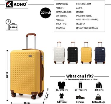Валіза-тележка KONO з жорстким корпусом, 76x50x31 см, білий (жовтий, S 57x40 см)