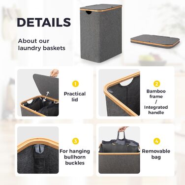 Кошик для білизни Rieeyrslza з кришкою 158л з бамбука та тканини Оксфорд, знімні мішки для білизни, складний сортер для білизни, багатофункціональний кошик для зберігання (сірий)