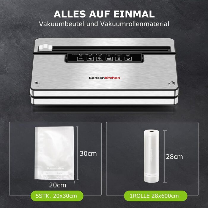 Вакууматор Bonsenkitchen для продуктів, потужний вакуумний пакувальник з 5 режимами, 8 л/хв, сріблястий (комплект: 5 пакетів та 1 рулон)