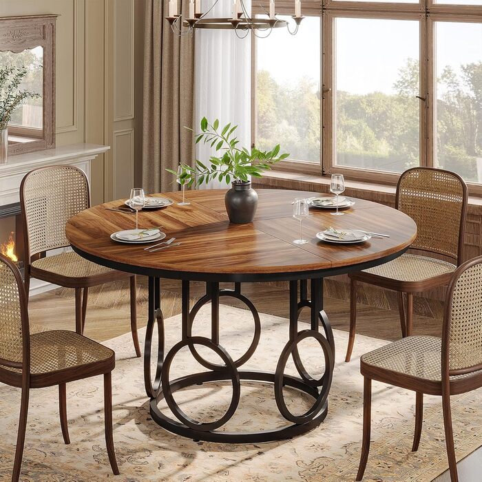 Круглий обідній стіл Tribesigns Runder, 119 см, дерев'яний кухонний стіл з металевим каркасом на 4-6 осіб, великий круглий стіл для вітальні, кухні, їдальні (колір: коричневий & чорний), лише стіл