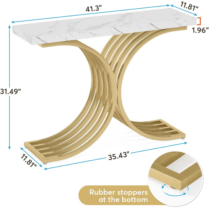 Вузький консольний стіл Tribesigns, золотий металевий каркас, 100x30x80 см, передпокій/диванний стіл, білий