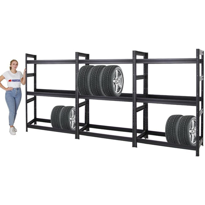 Стелаж для шин PROREGAL Mega Deal (3 шт.) 180x360x50 см, чорний, до 36 шин, вантажопідйомність 150 кг