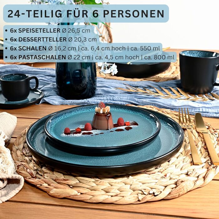 Набір посуду SÄNGER Vigo 24 частини: 6 тарілок, 6 тарілок для сніданку, 6 глибоких тарілок, 6 мисок для пасти, стеатоліт, блакитний з чорним обідком