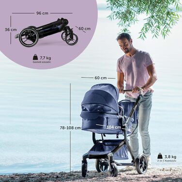 Дитяча коляска Bergsteiger Lugo 3в1 | Комплект: люлька, прогулянковий блок, автокрісло | Isofix база (синій)