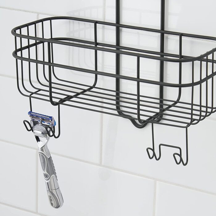 Душова кабіна mDesign для ванної без свердління-висувна підвісна полиця з кошиком для зберігання і 4 гачками для душу-компактна металева душова кабіна-матове срібло (чорний матовий колір)