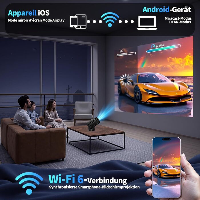 Портативний проєктор Mini Beamer 4K Full HD 1080P з WiFi 6, Bluetooth 5.2, автоматичною корекцією трапецеїдальних спотворень та підтримкою HDMI, TV Stick, Memory Stick, Laptop (білий, чорний)