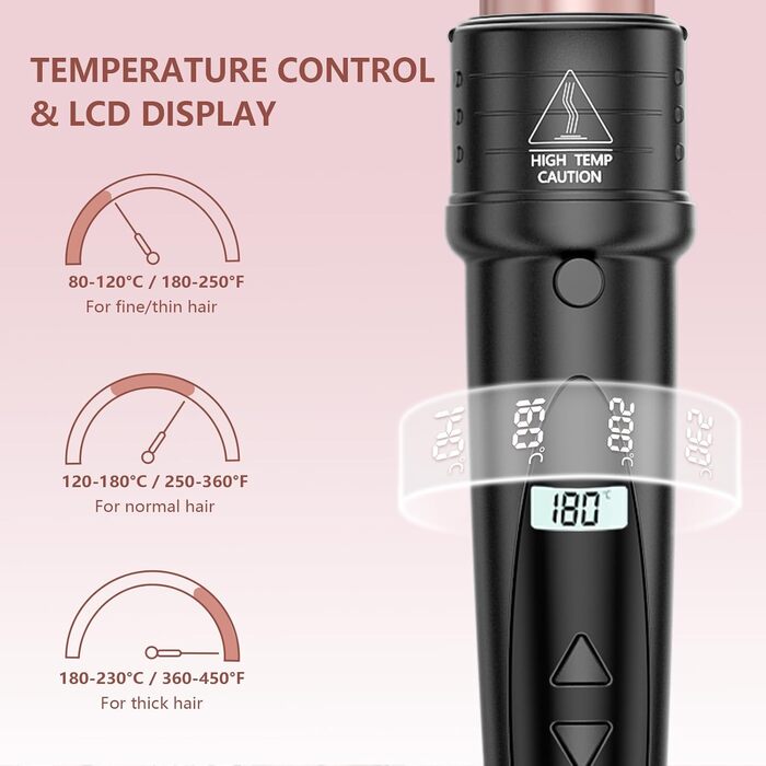 Локшик для волосся NWOUIIAY 6 в 1 з LCD-дисплеєм, керамічне покриття, мультифункціональний, змінне насадки, для великих та маленьких локонів, рукавички, регулювання температури, рожевий