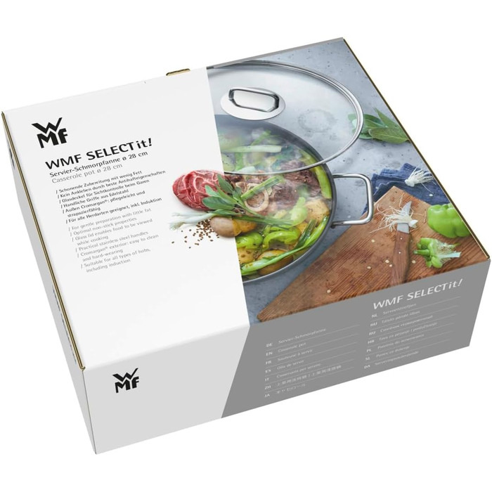 Сковорода WMF Schmorpfanne 28 см з високим бортиком, каструля-жаровня Induktion, сковорода з кришкою 5.0л, Cromargan нержавіюча сталь з покриттям, для духовки, антипригарне покриття, високий бортик