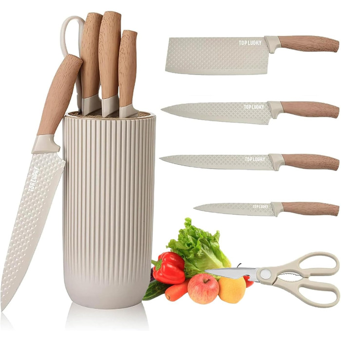 Набір кухонних ножів, 6 предметів, чорний, гострий, з антипригарним покриттям, нержавіюча сталь, з підставкою (Khaki)