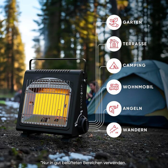 EVOCAMP Портативна газова опалювальна техніка, 1.7 кВт, керамічна, для дому та відпочинку на природі (ODS)