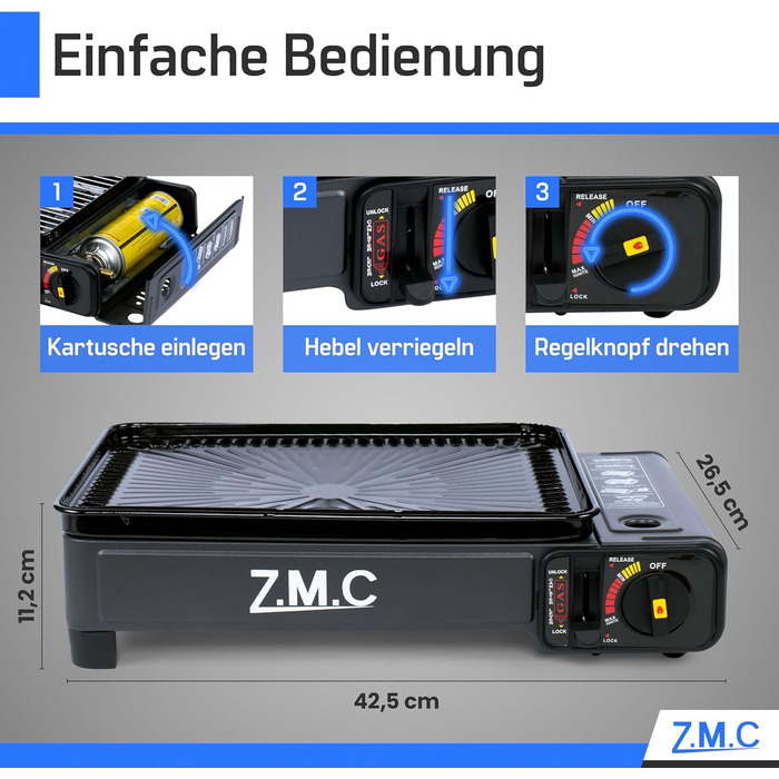 Z.M.C. 2-в-1 газовий набір для кемпінгу: плита та гриль з аксесуарами та кейсом. Газовий гриль та плита з пьезозапалюванням, 2.2kW, LPG-підключення