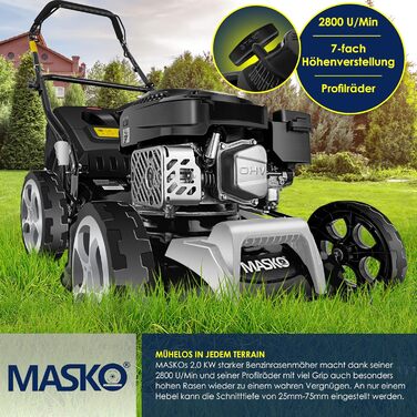 Бензиновий газонокосарка MASKO® 5in1 | Ширина косіння 51 см | 8 положень висоти | 4-тактний OHV двигун 6.0 PS | Об'єм кошика 65 л | В комплекті набір для мульчування та бічний викид (ширина 42 см, чорний/сірий)