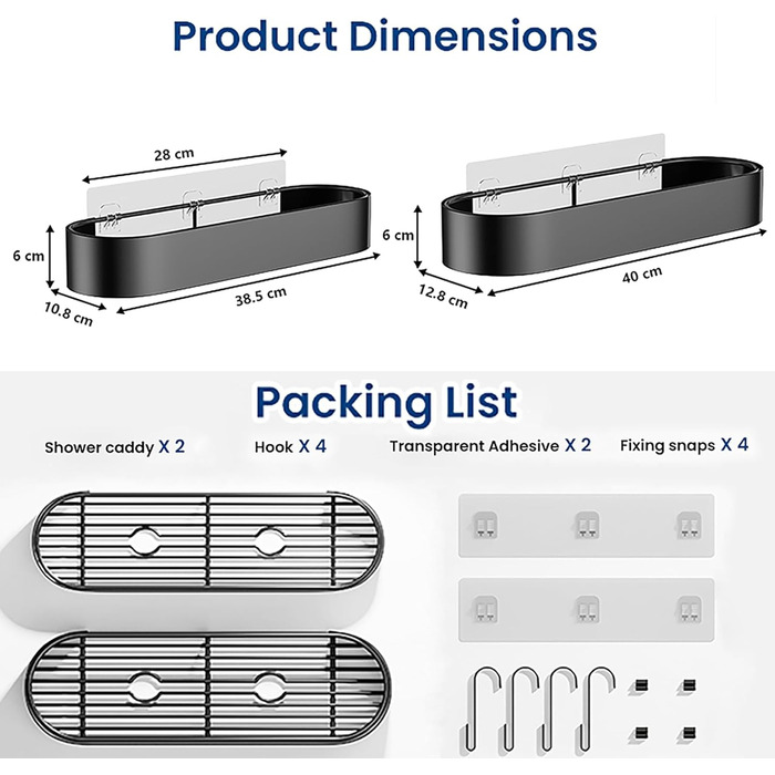 Душова полиця ZUIMENG без свердління, 2 шт. и з нержавіючої сталі, 4 гачки, 38,5-40 см, душова корзина для ванної кімнати та кухні (чорна)