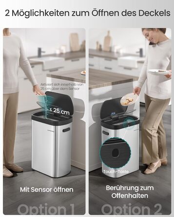 SONGMICS Відро для сміття з сенсором, автоматичне, 50 л, відкриття рухом руки або дотиком, Softclose-кришка, сталь, з 15 мішками для сміття, LTB640B02 (металік срібло + чорний)