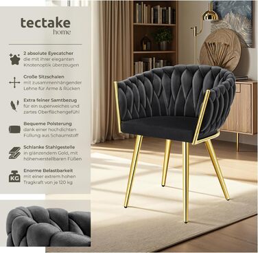 Крісла tectake® з оксамиту, комплект 2 шт., чорний/золотий, для вітальні, їдальні, туалетного столика
