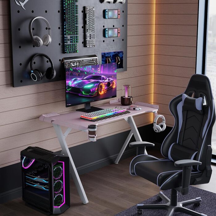 Ігровий стіл YRHome з RGB-підсвічуванням та підставкою для навушників та стаканом. Білий (120x60x75см, Рожевий)